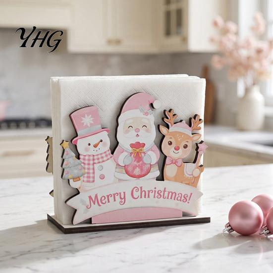 Wooden Napkin Dispenser for Kitchen Christmas Theme Holder, Decorative Holiday Paper Towel Stand, Gift Her HD UV Printing Organizer Dining Table