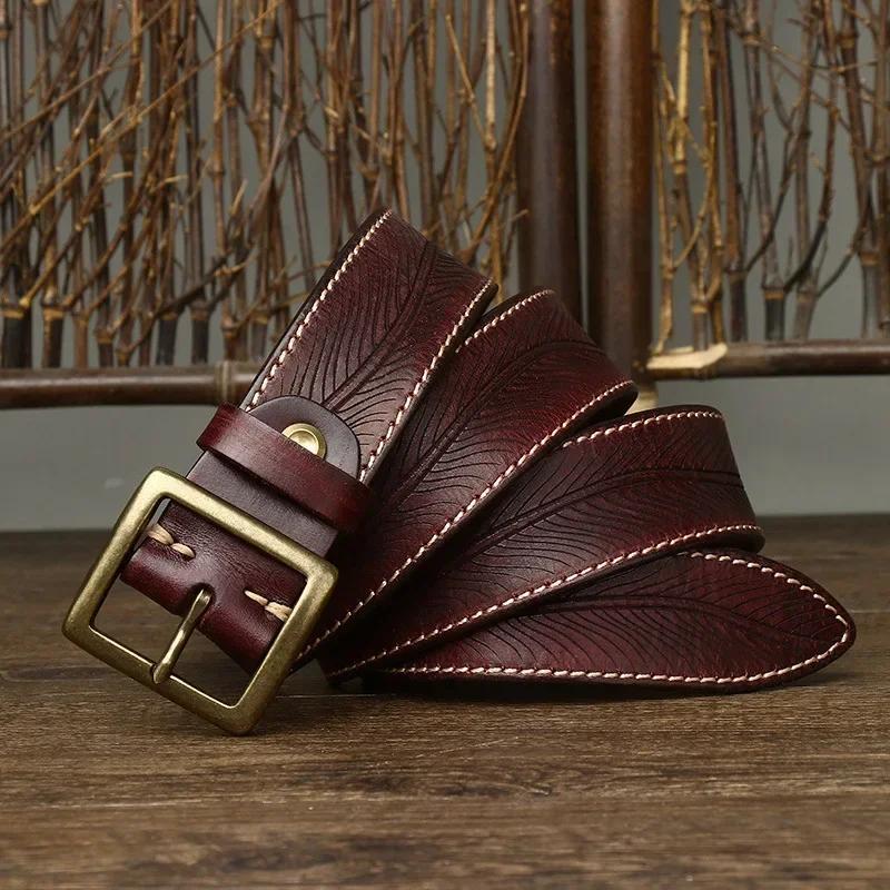 3.8CM Pure Cowhide High Quality Genuine Leather Belts for Men Carve Strap Male Brass Buckle Fancy Vintage Jeans Cowboy Cintos