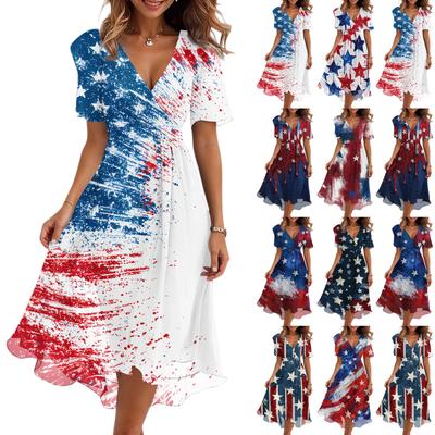 Damen Lässiges V-Ausschnitt Kurzarm Unabhängigkeitstag Print Kleid