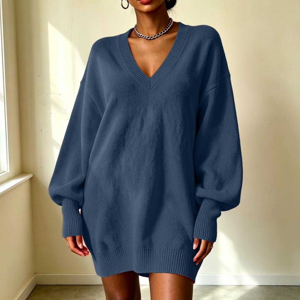 Women's Loose Fit Midi Sweater Dress with Sleeves and Collared Neckline