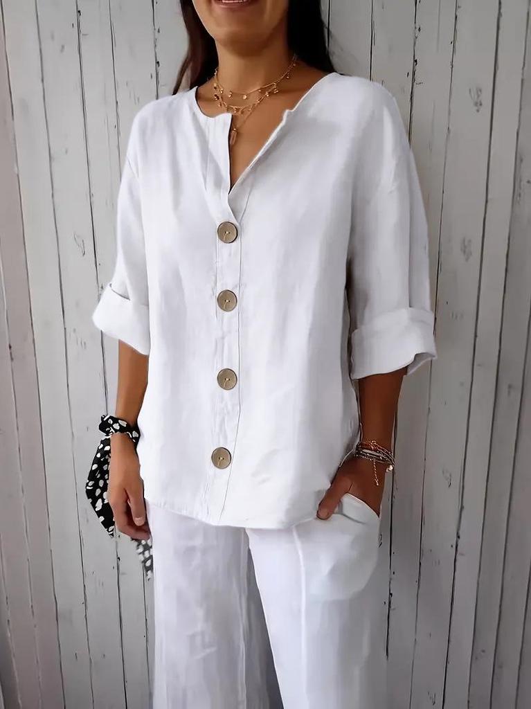 Women's 2025 European-American V-Neck Cotton Linen Button T-Shirt