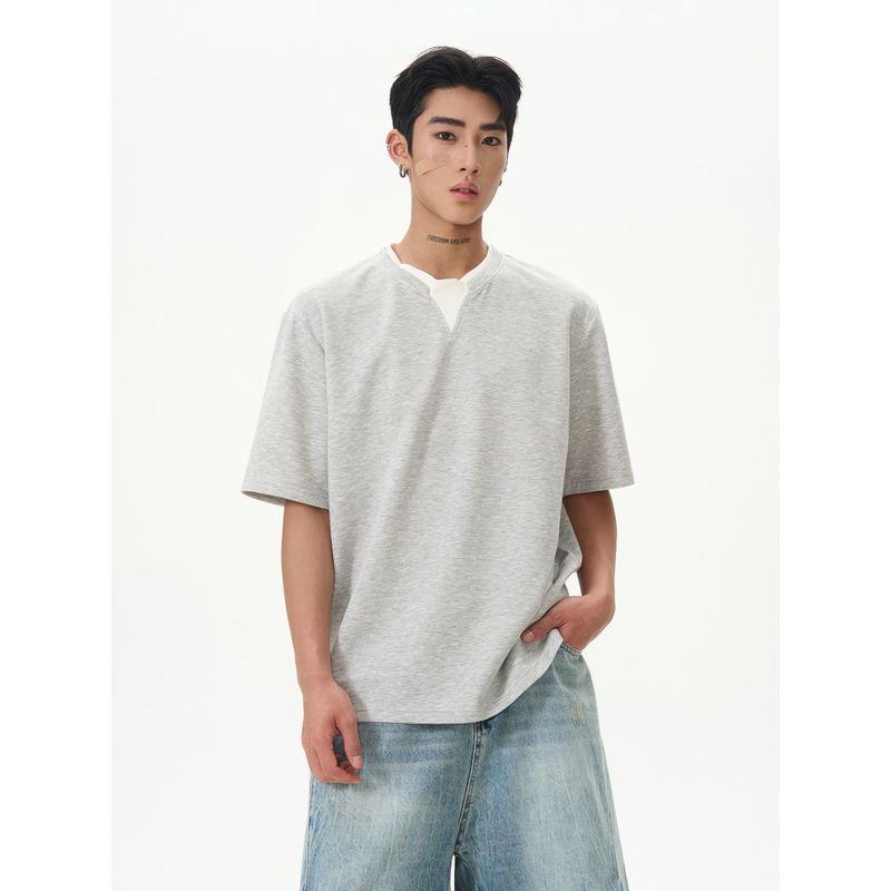 Kisko American Retro Style Fake Two-Piece Spliced Cleanfit Gray Short-Sleeved T-Shirt for Men Casual Loose Fit Couple T-Shirt