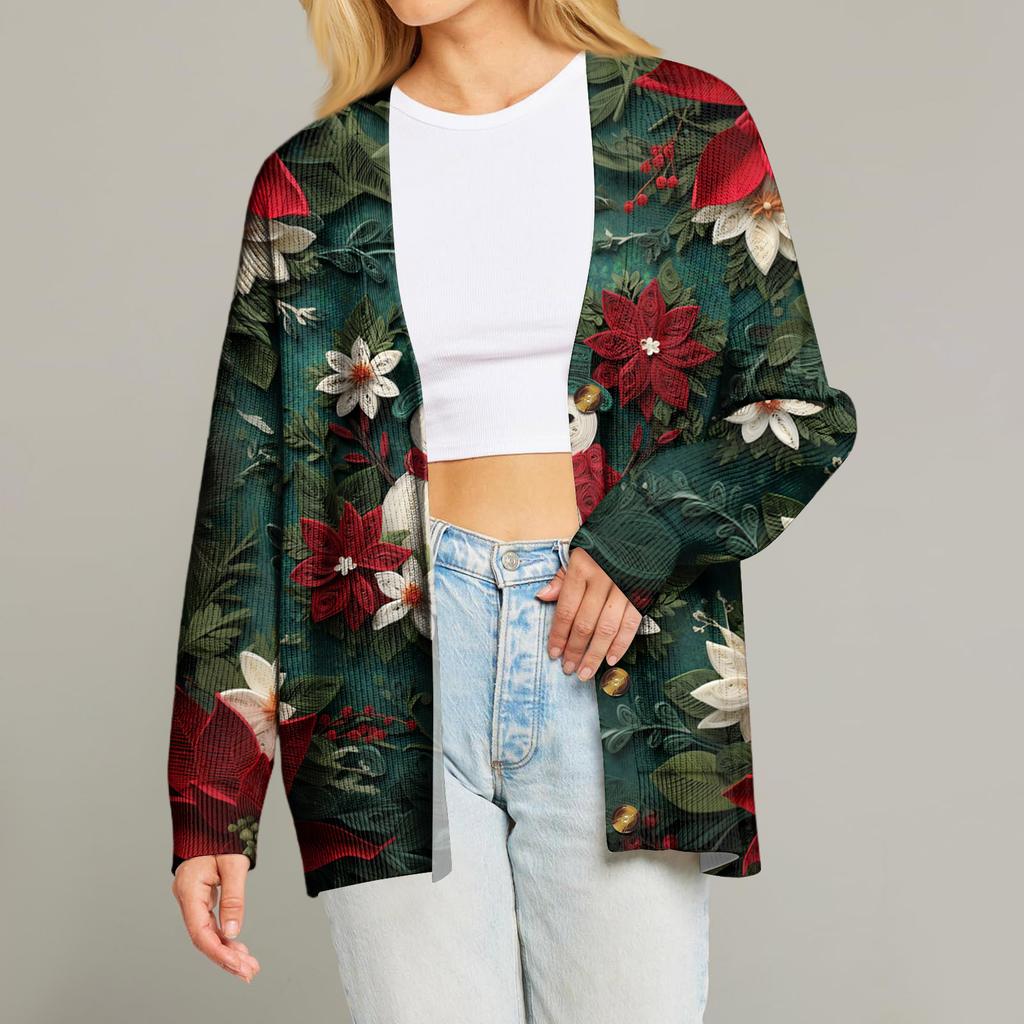 Women's Fashion Long Sleeve Print V-Neck Button Loose Cardigan Top