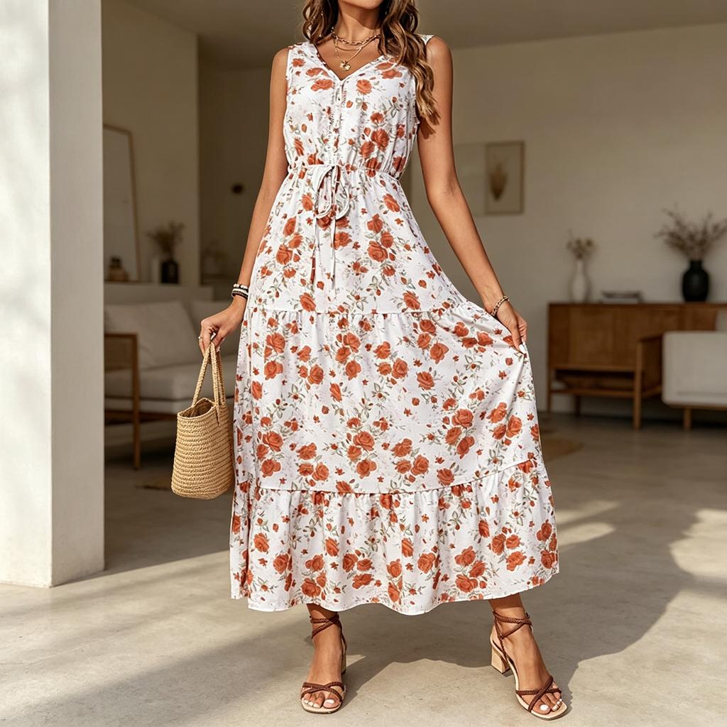 Long Dress 2026 Summer New European and American Women's Printed Sleeveless Dress