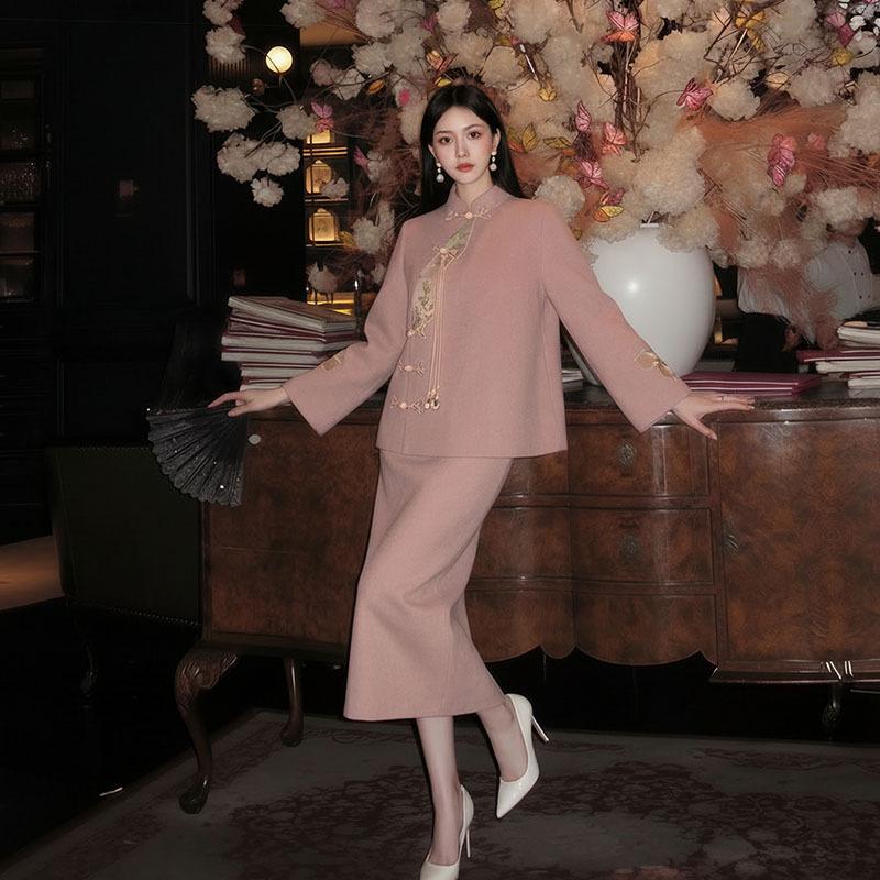 New Chinese style foreign style fashion suit women's autumn and winter new embroidered disc button woolen coat + skirt NX111