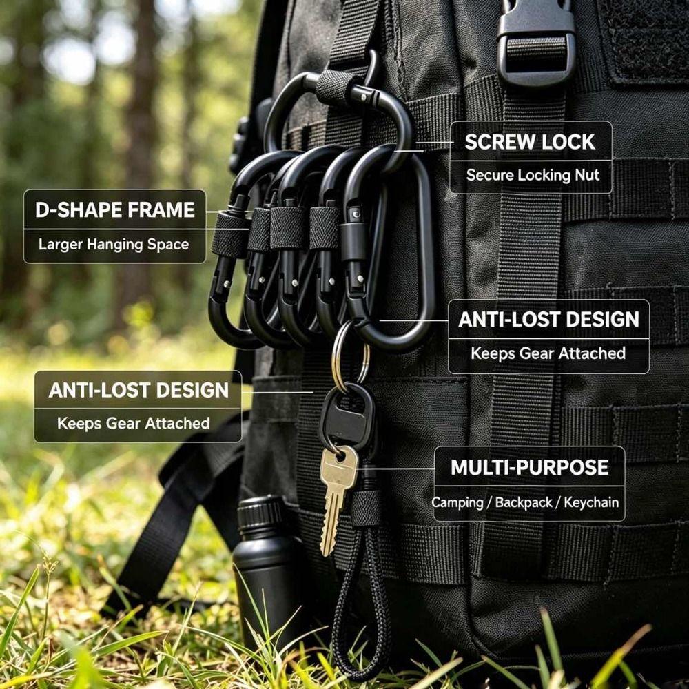 1/2/5pcs Black D-Ring Carabiners with Lock Shopping Bag Clip Hook High Quality Hammock Hook
