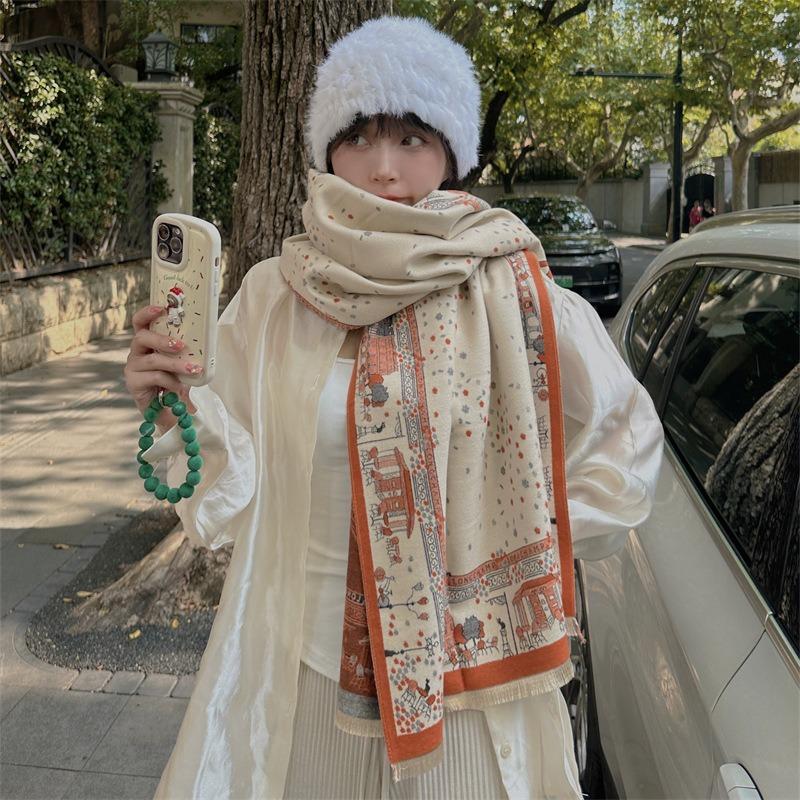 Imitation cashmere scarf women's autumn and winter new construction tower shawl versatile thickened warm and cold loose beard scarf