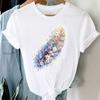 (Taille asiatique) Vêtements Imprimés Top Mode plume fleur années 90 Manches Courtes T-shirts Femmes T-shirt Graphique Dame Femme Décontracté T-shirt