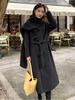 **Pusu Double-Faced Wool Coat: Black, Waist-Cinching Scarf-Integrated Design for Women**