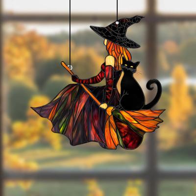 Attrape-soleil gothique en acrylique Sorcière et Chat noir, Décoration de fenêtre d'Halloween Carillon éolien, Ornement suspendu Sorcière Balai pour Maison et Fête