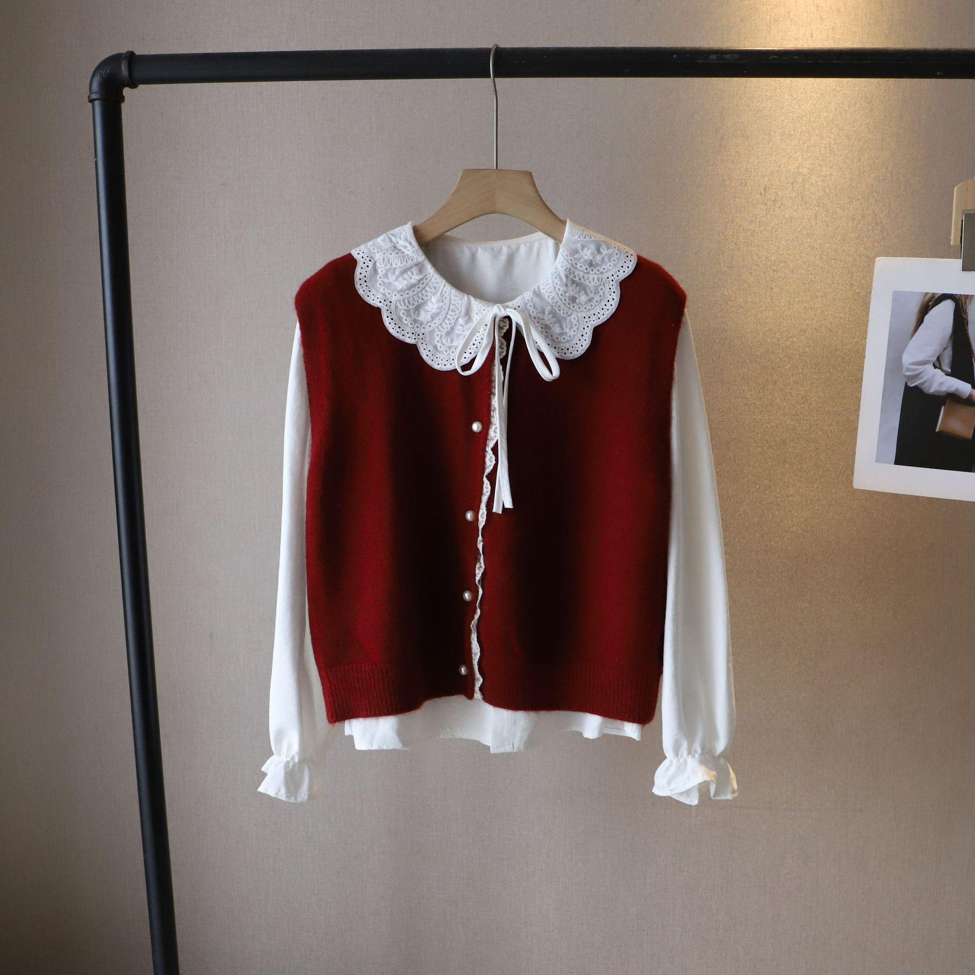 

Bi Zheng Весна 2025 Корейская кружевная блузка с воротником Питера Пэна и вязаный жилет, комплект из 2 предметов для женщин One Size красный/белый