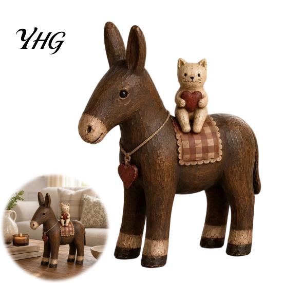 Living Room Tabletop Decor Rustic Donkey Resin Figurine, Farmhouse Style with Cat Distressed Sculptures Decoration, Vintage Country Animal Statue for