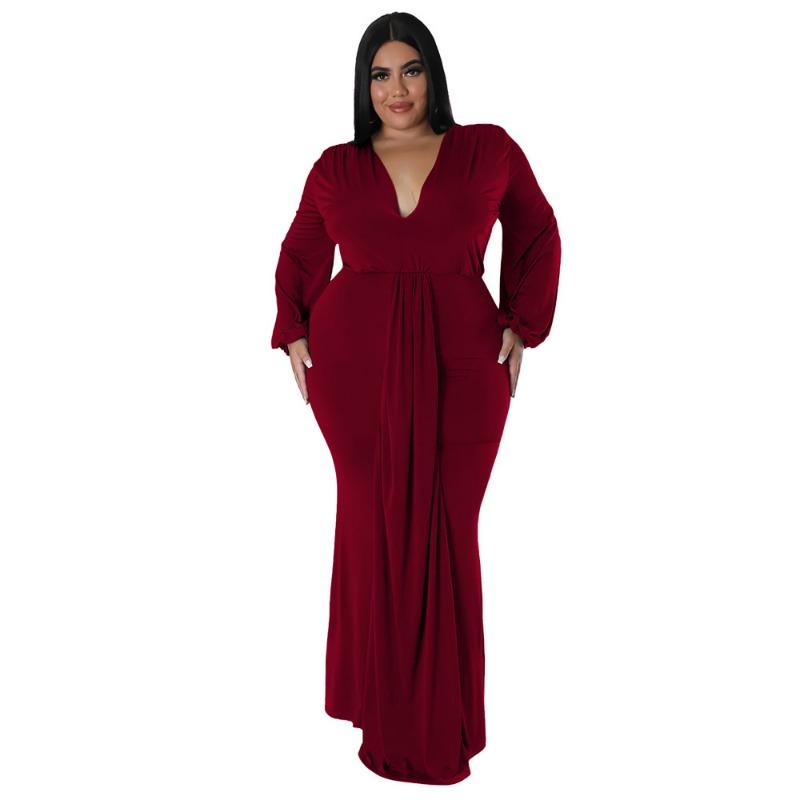 Plus Size Black Deep V Neck Long Sleeve Ruched Bodycon Maxi Dress