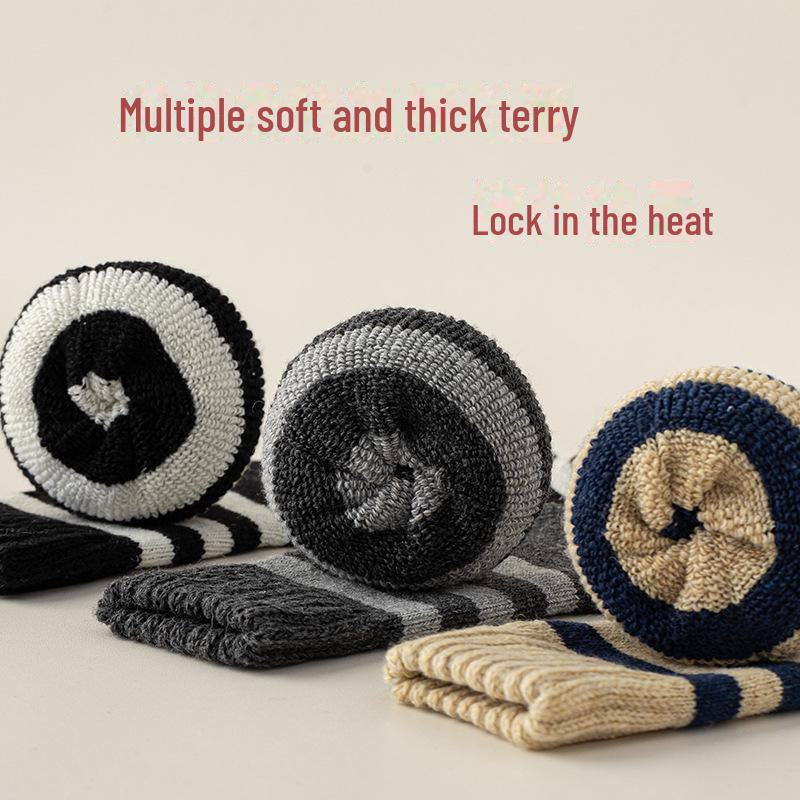 Men's Cashmere Medium Tube Socks - Autumn/Winter, Thick Towel Bottom, Striped Terry, Northeast Style.