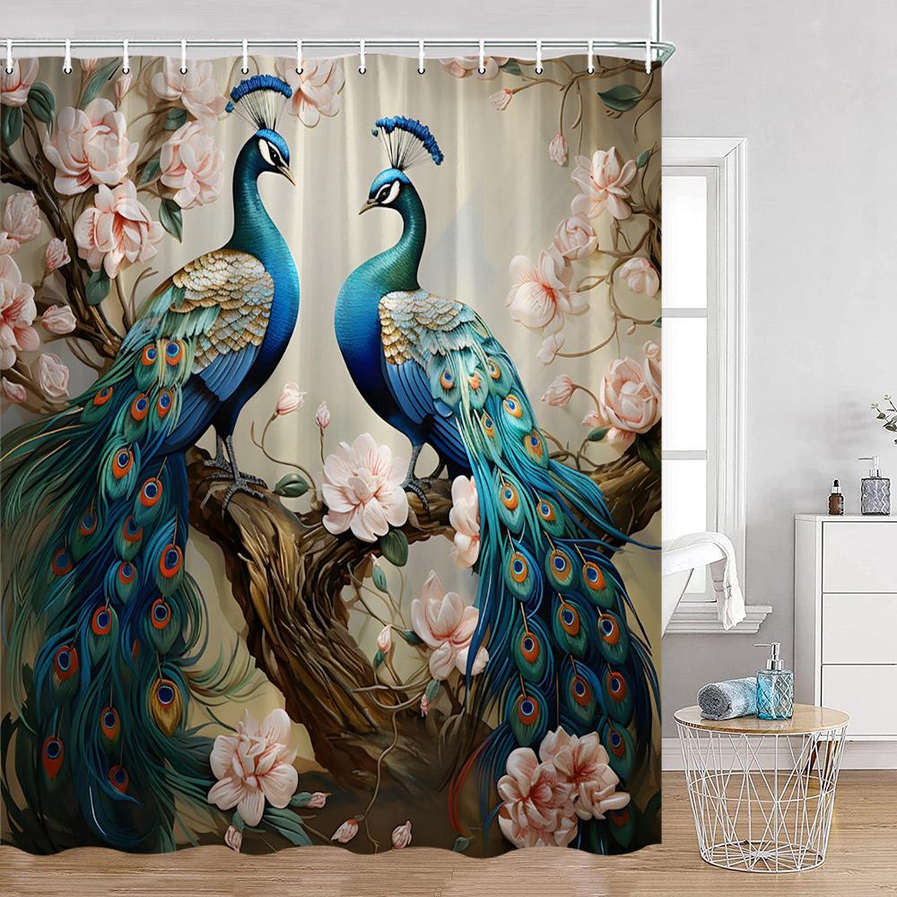 Peacock Shower Curtain Modern Oil Paniting Animals Flowers Plants Floral Bathroom Decor Elegant Fabric Bath Curtains with Hooks