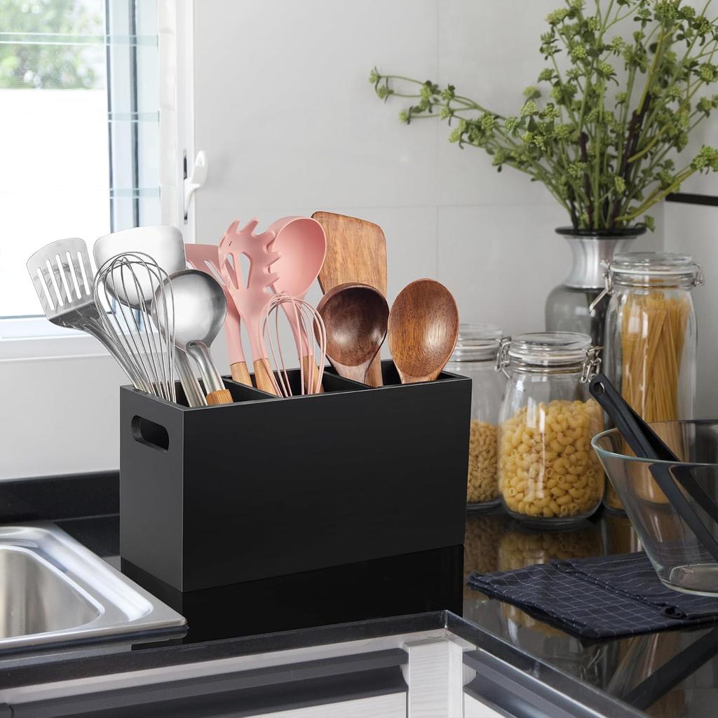 Wood Utensil Holder for Kitchen Counter 3 Compartment Large Cutlery Holder Caddy Organizer for Silverware Fork Spoon Spatula