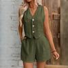 Linen  Summer Casual Fashion Button Vest and Shorts Suit V-neck Vest Suit