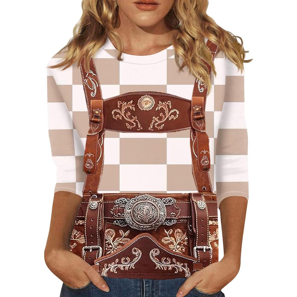 Women Casual Three Quarter Sleeve Oktoberfest Print Round Neck Top Faux Leather Suspenders Pattern Shirt Oktoberfest Style Blouse