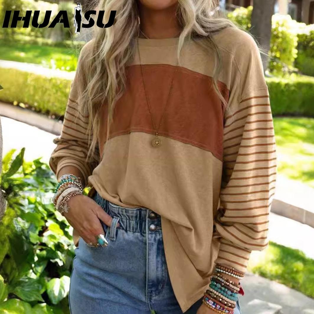 

IHUASU Women s Spring and Autumn Pullover Round Neck Casual Striped Color Long Sleeve T-shirt Woman XXL