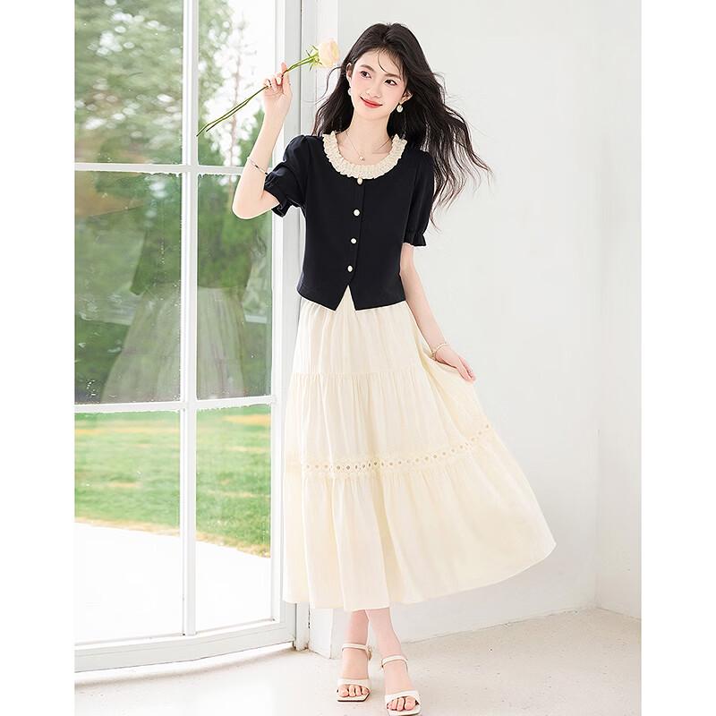 Elegant Lace-Spliced Short Sleeve Top & Midi Skirt Set