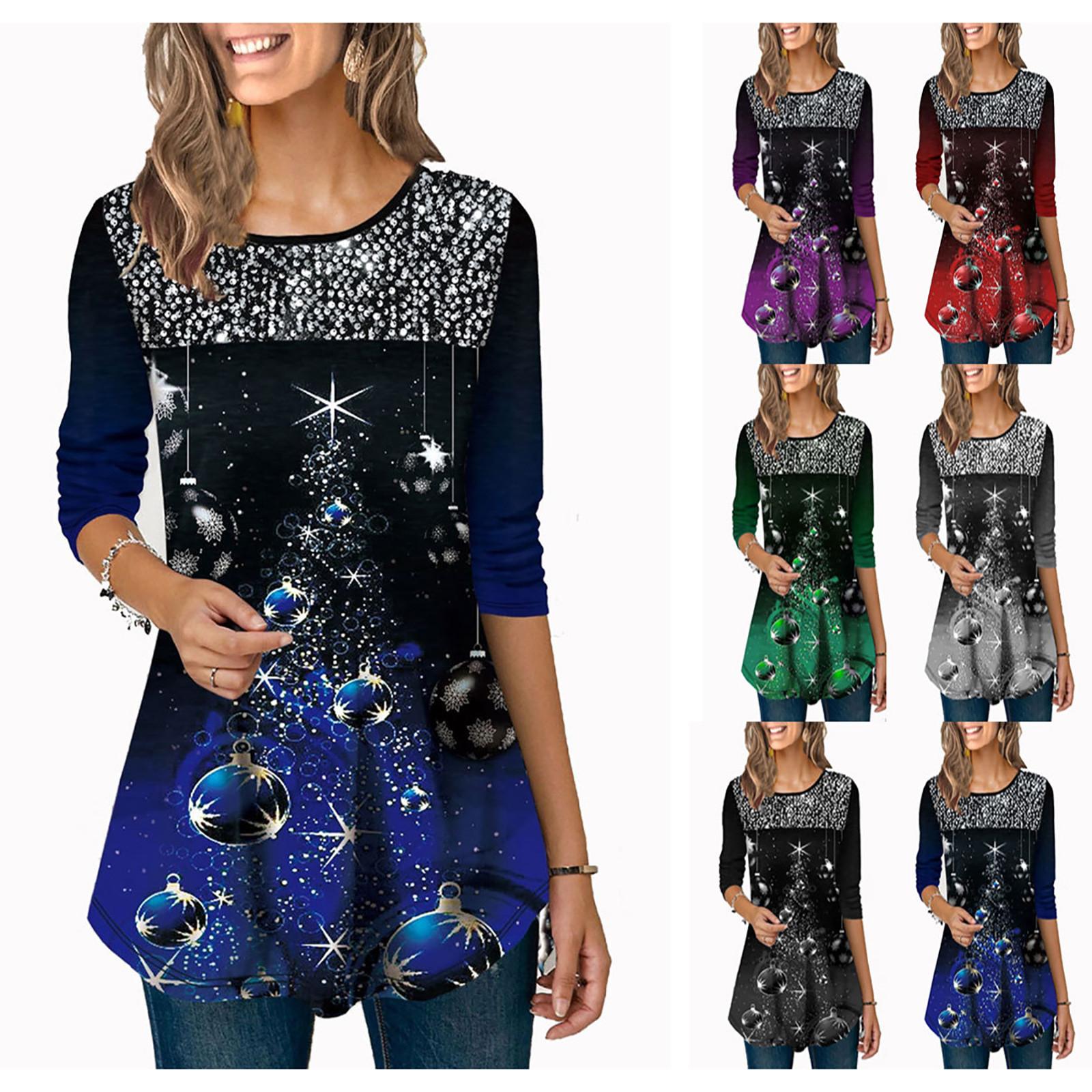 

Nikitas Женская модная повседневная футболка с круглым вырезом и пайетками для рождественской вечеринки и 3D принтом, топ