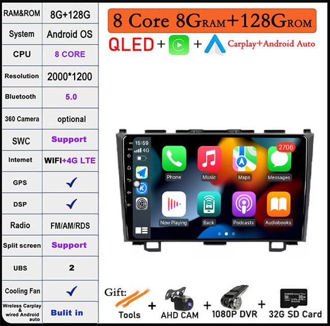 9 Lnch Android 14 For Honda CRV CR-V 3 RE 2006-2012 Car Radio GPS Navigation Multimedia Player Stereo Head Unit QLED Screen