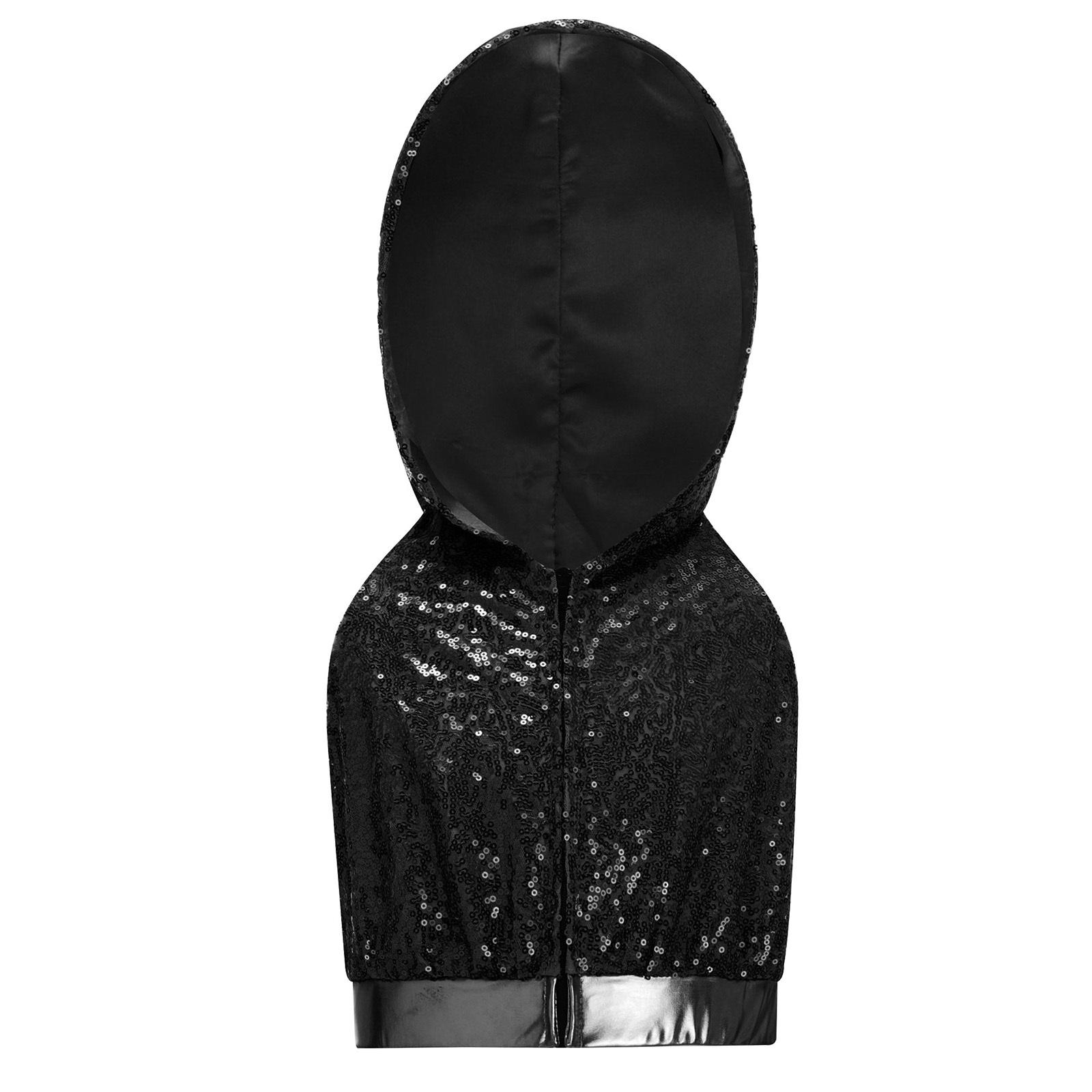 

Дитячий костюм для хіп-хопу та джазового танцю, без рукавів, відкрита спина, блискавка спереду, блискучі паєтки, з капюшоном, укорочений топ, танцювальний одяг 5-6 Years чорний