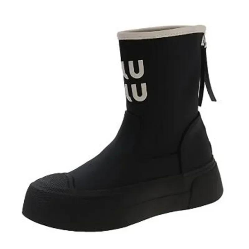 

Модные женские модные ботинки с круглым носком, дождевые, с плоским рукавом, противоскользящая резиновая подошва, женские ботильоны средней длины, весна-осень, новинка 2024 г. 40 чёрный