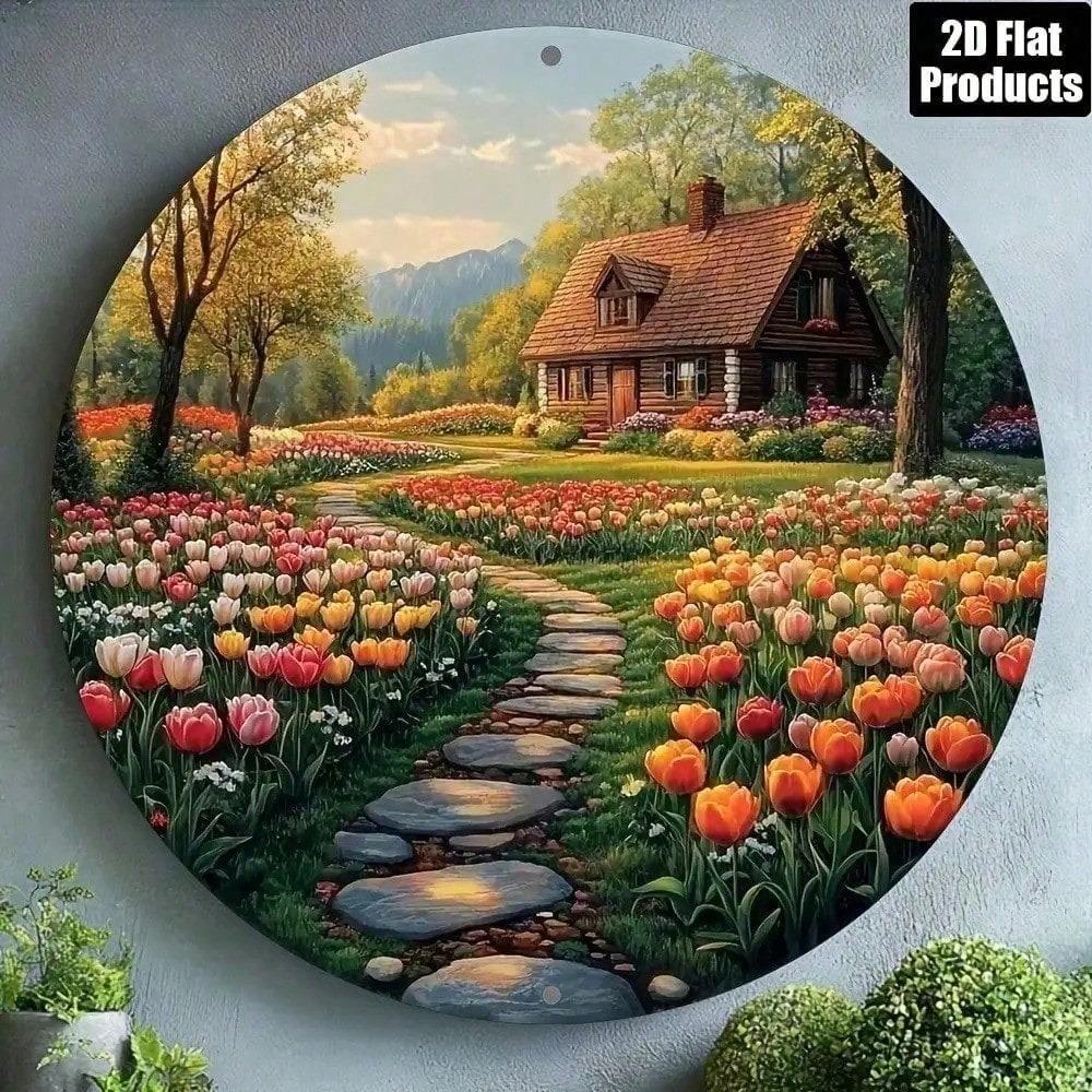 Vintage Metal Tulip Wall Art Round Decor for Home Kitchen Aluminum Plate