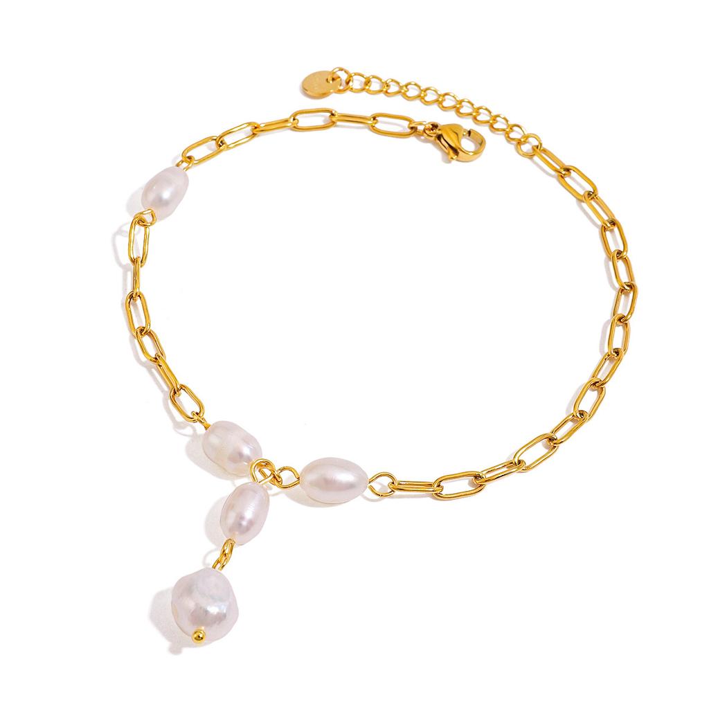 BASQUESUN 18K PVD Gold Plated Shiny Paper Pin Chain Pearl Tassel Stainless Steel Freshwater Pearl Anklet Bracelet