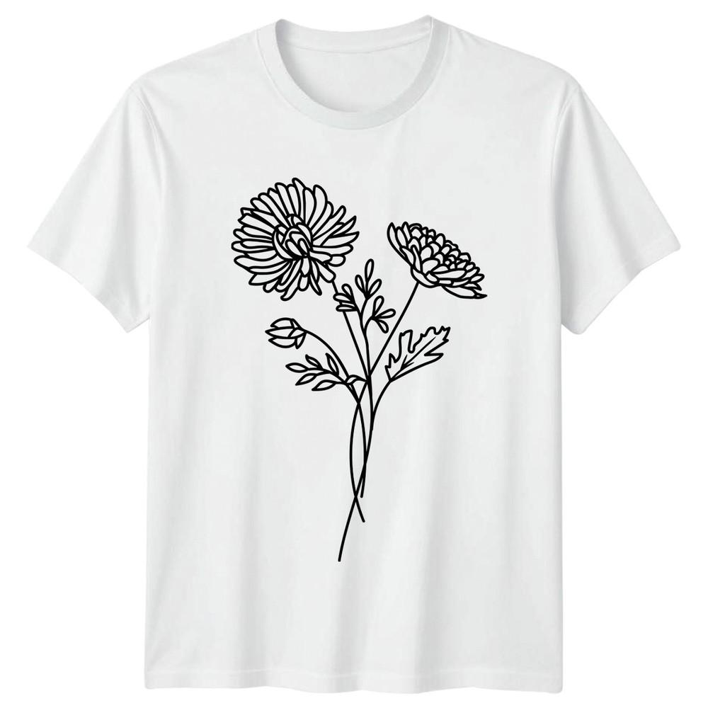 Minimalist Chrysanthemum Flower Bouquet TShirt Floral Line Art Birthday Gift S