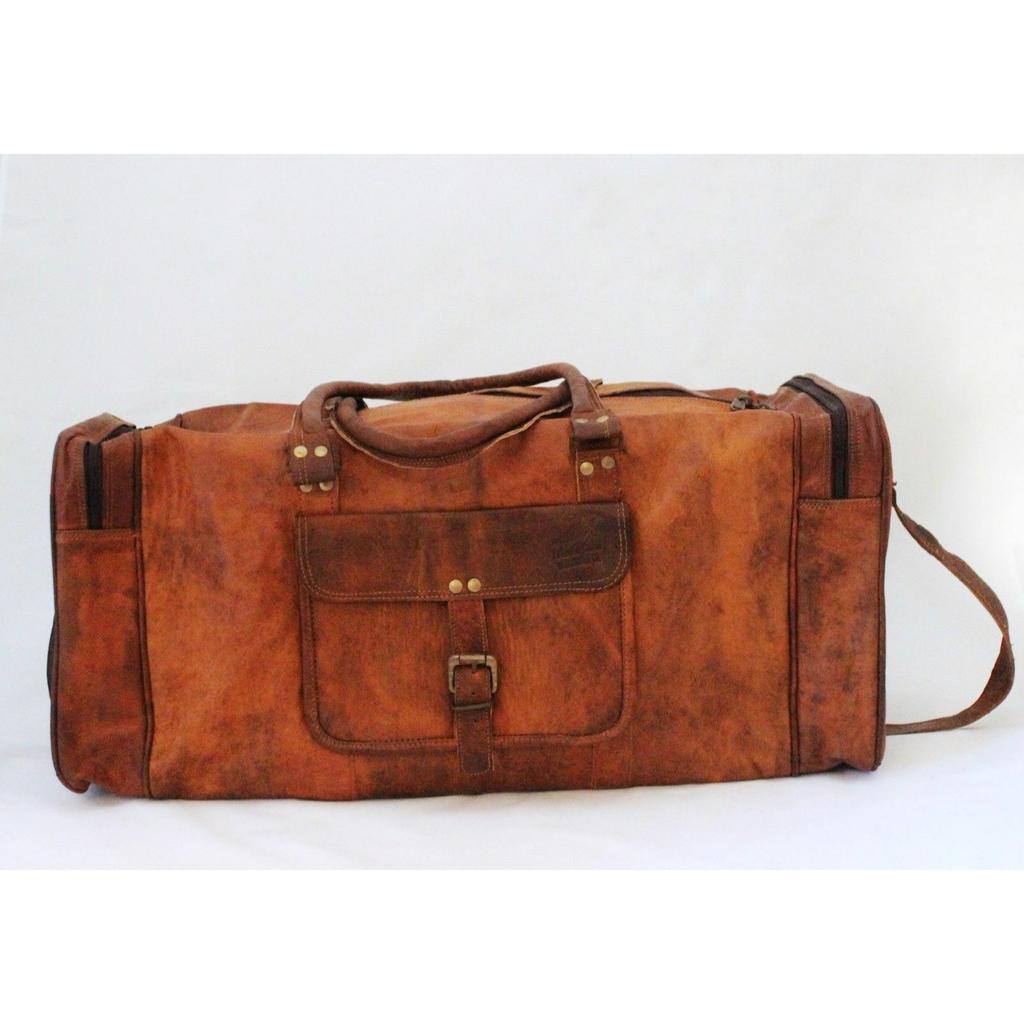 Herr Brun Vintage Äkta Resebagage Duffle Gym Väskor Tote Get Läder Nytt