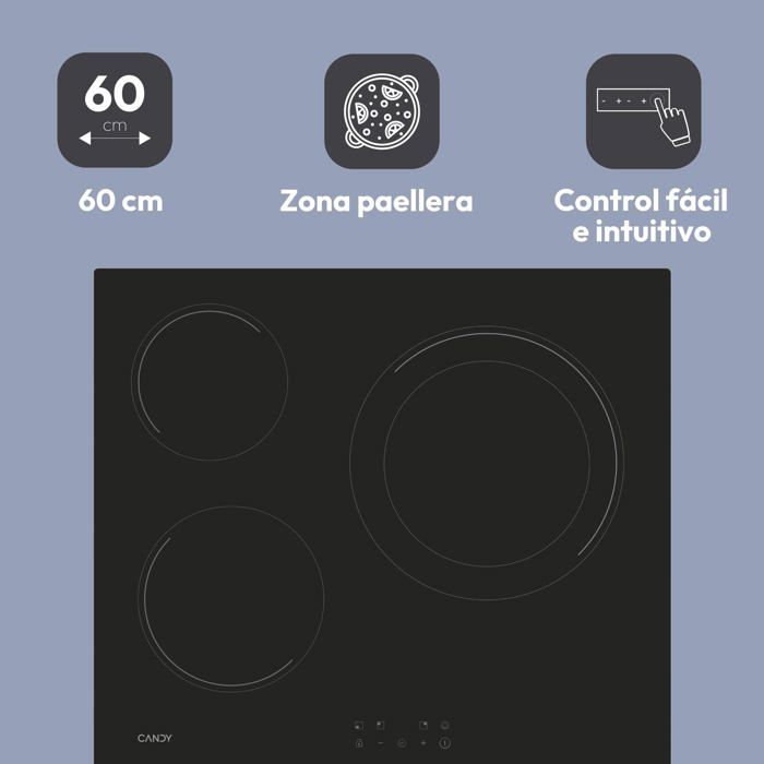 Ceramic Hob - Candy - 60 Cm - 3 Cooking Zones - Double Zone 30 Cm - Touch Control