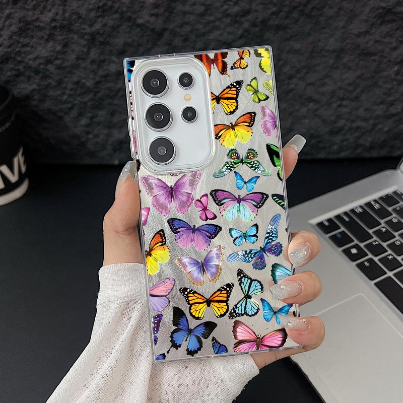 Butterfly Pattern Feather Sparkling Phone Case For Samsung S25 Ultra S24 FE S23 A56 A36 A16 A55 TPU Soft Edge Slim Shockproof Hard PC Bumper Cover