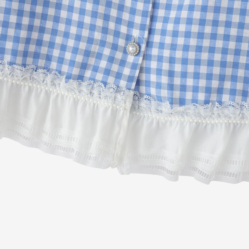 VONDA Women V Neck Short Sleeve Lace Crochet Patchwork Buttons Plaid Casual Blouse