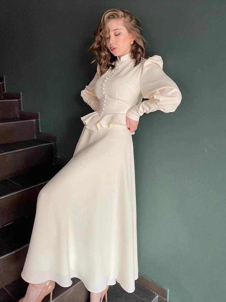 Elegant Europeisk och Amerikansk Långärmad Knytbar Off-White Klänning