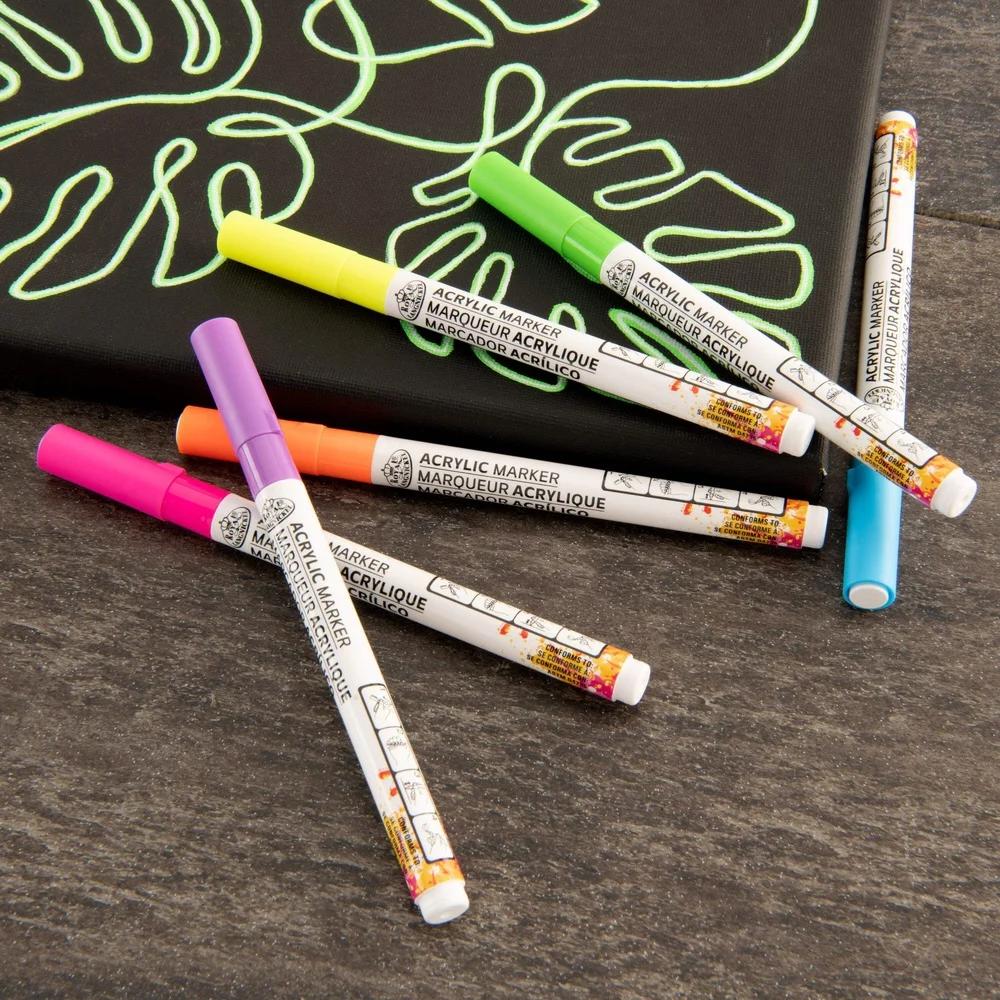 6 Pack Neon Acrylic Markers Non-Toxic Art Markers Multi-Surface Painting Drawing Fine Point Paint Pens Artists Students Crafts