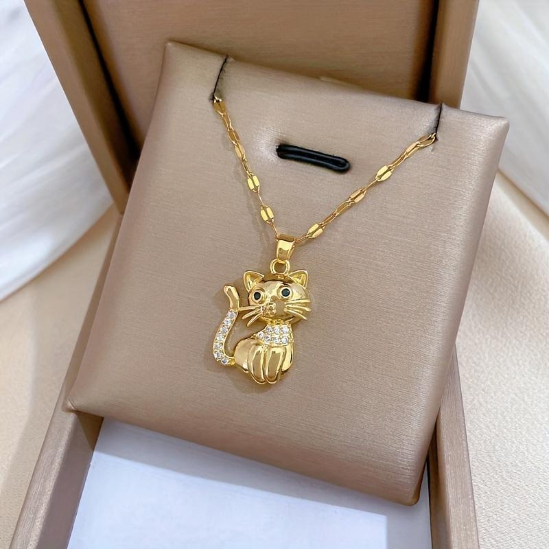 Elegant Golden-Tone Cat Pendant Necklace - Chic Stainless Steel Jewelry for Teenager, Perfect Birthday Gift for Family & Friends, Fashionable Accessor