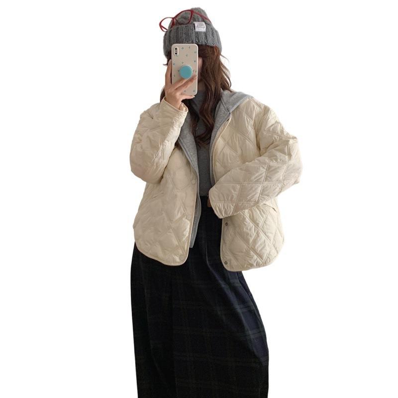New Splicing Rhombus Jacket Cotton Dress Casual Removable Hooded Loose Autumn and Winter Line Fake Two-piece Coat Black