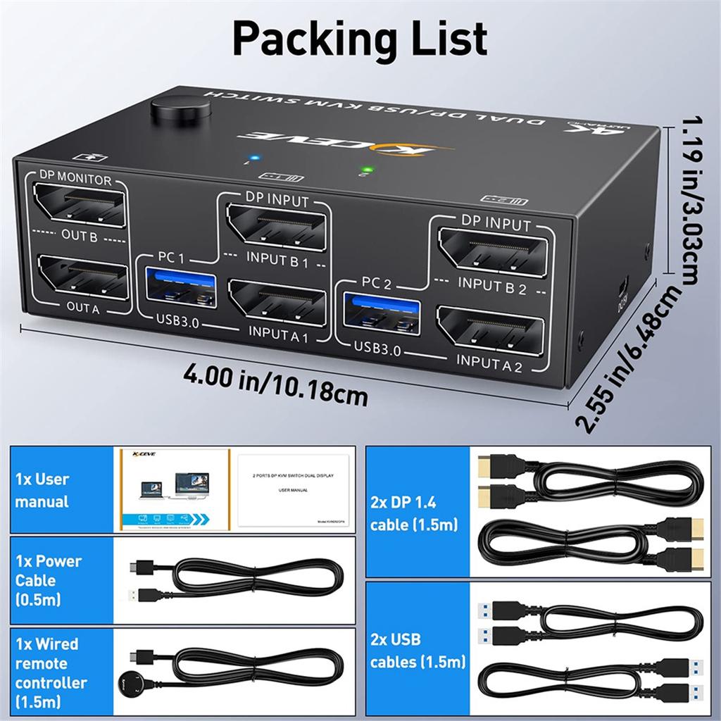 AA58 KCEVE KVM Switch Dual Monitor DisplayPort, 4 USB3.0 for 2 Computers, 2 in 2 Out DP 1.4 KVM Switch