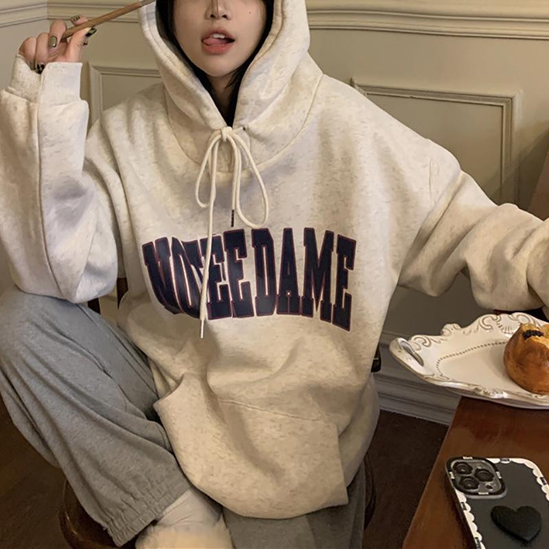 Polstret hettegenser dame høst og vinter stor størrelse trykt fleece skjorte høst og vinter løse topper mote retro allsidig sweatshirt