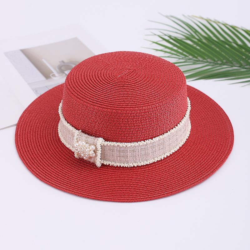 Summer Xiaoxiangfeng Flat Top Hat Ladies Elegant Pearl Rhinestone Sunshade Sunscreen Hat Travel Fashion Straw Hat Pearl