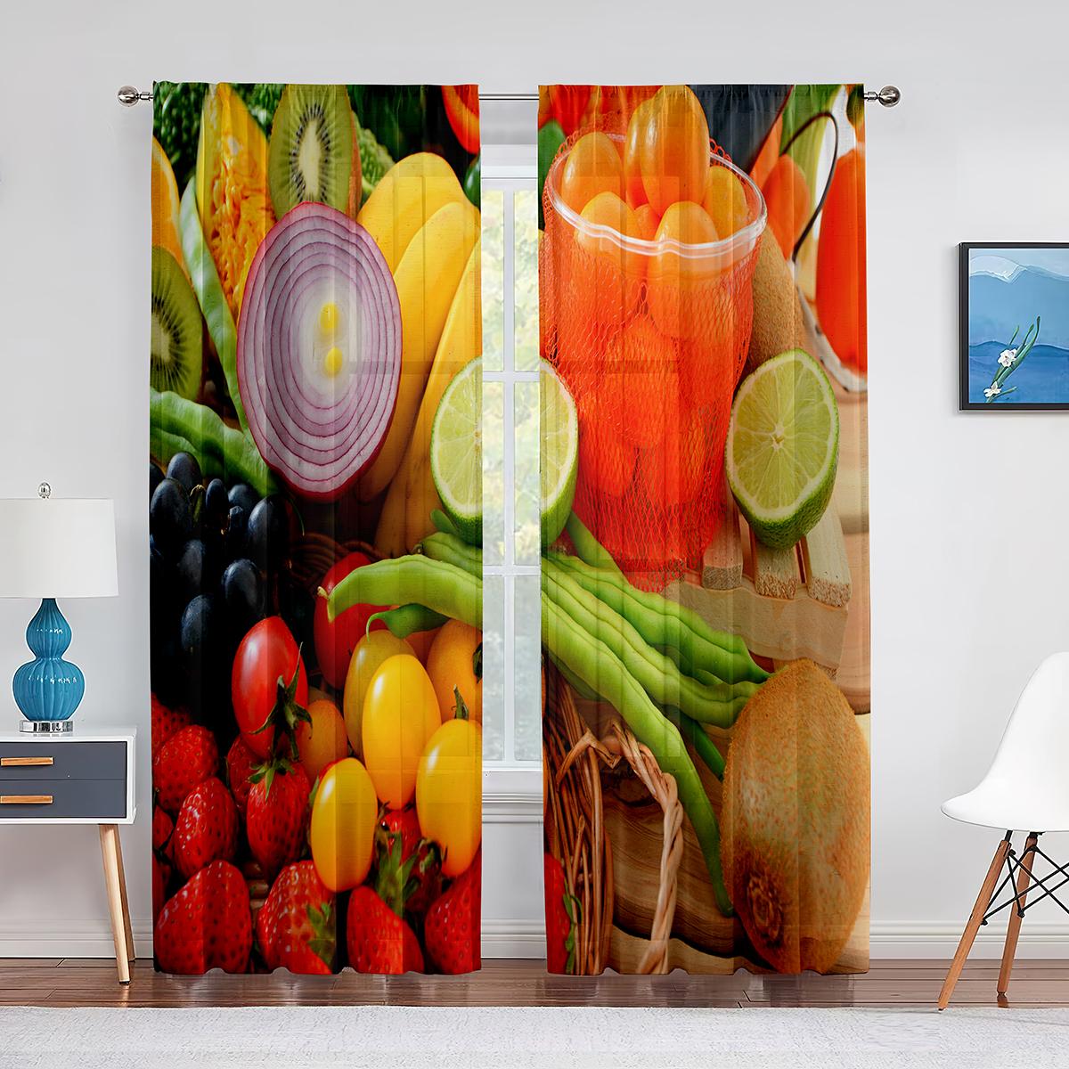 

Прозрачная вуаль с фруктами и овощами, органическая пищевая оконная прозрачная шифоновая тюлевая штора для гостиной, кухонного декора 1 PCS W100XH250cm&Grommet Top