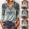 Herbstknöpfe Halboffener Kragen Ethno Bohemian Mittellang bis Lang T-Shirt Damen Langarm Übergröße Top