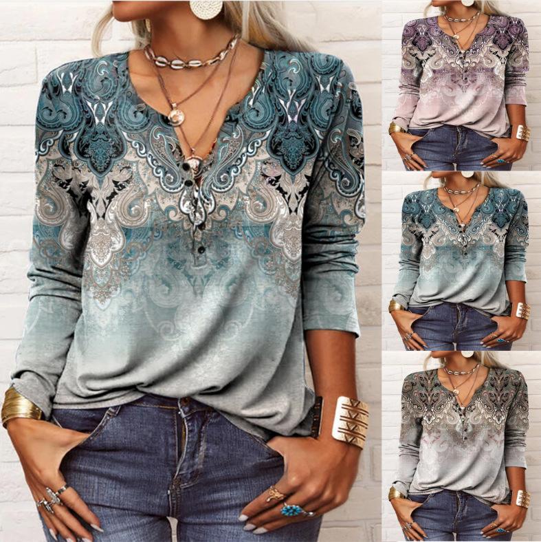 Herbstknöpfe Halboffener Kragen Ethno Bohemian Mittellang bis Lang T-Shirt Damen Langarm Übergröße Top