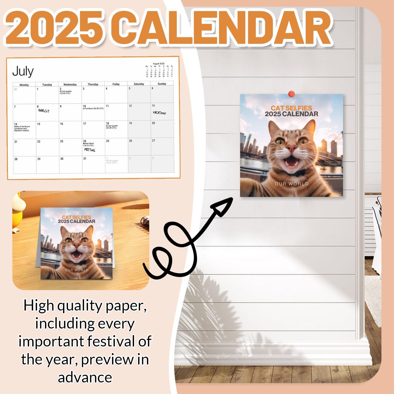 

2025 Animal Selfie Cat Cat Calendar Милый настенный календарь One Size белый