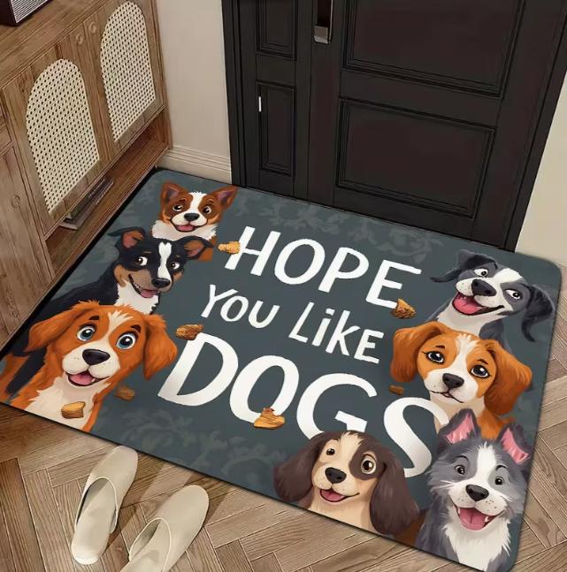 Cute Cartoon Dog Pattern Door Mat with "I Hope You Like Dogs" Text Floor Mat Pet Theme Front Door Kitchen and Holiday Decoration