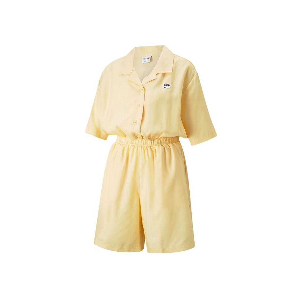 Puma Solid Color Short Sleeve Shirt Straight Leg Shorts Jumpsuit Women jumpsuit Light-Straw-Yellow 620632-42
