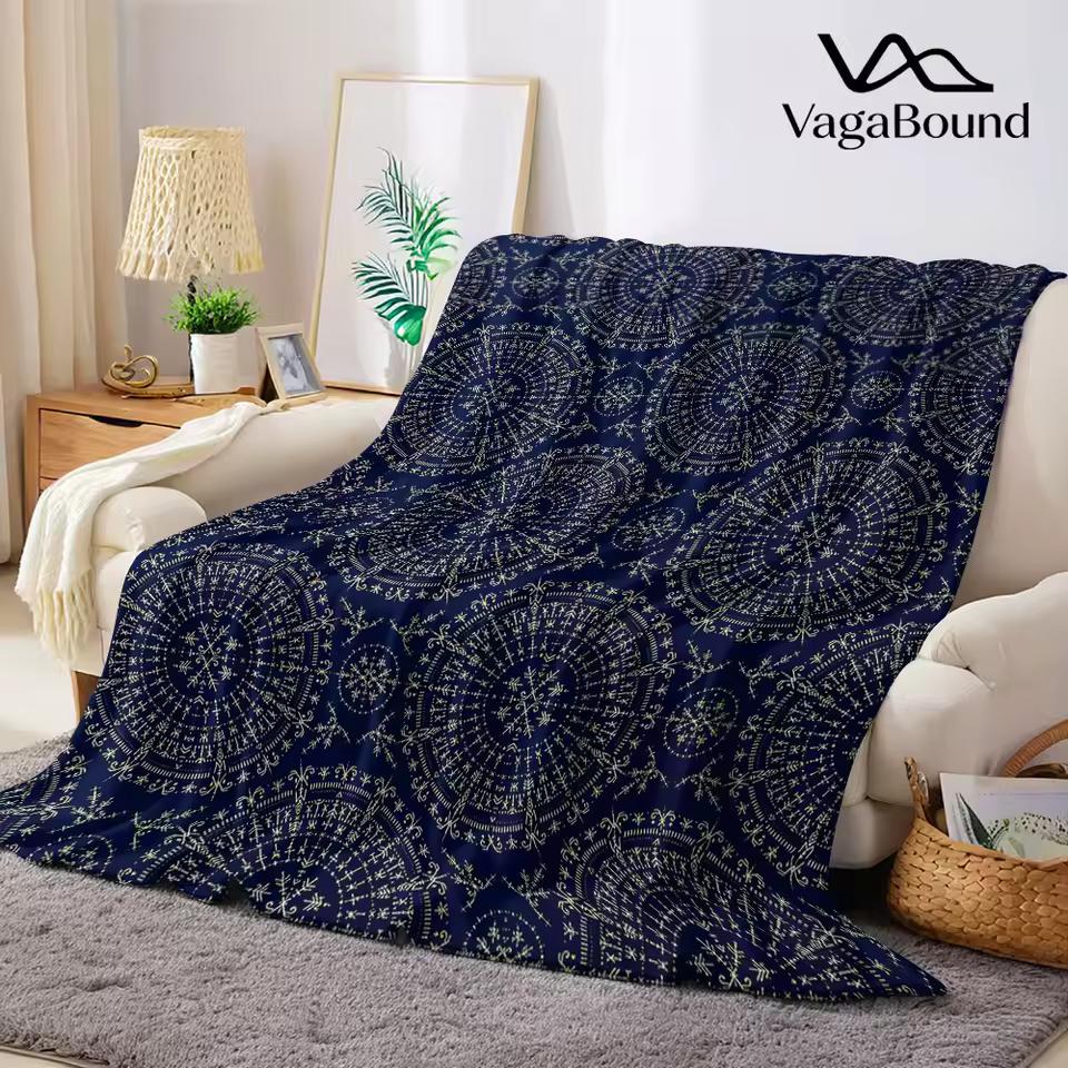 Navy Snowflake Mandala Print Flannel Blanket Warm Soft Halloween Christmas Decorative Couch Warm Cozy All-Season Gift