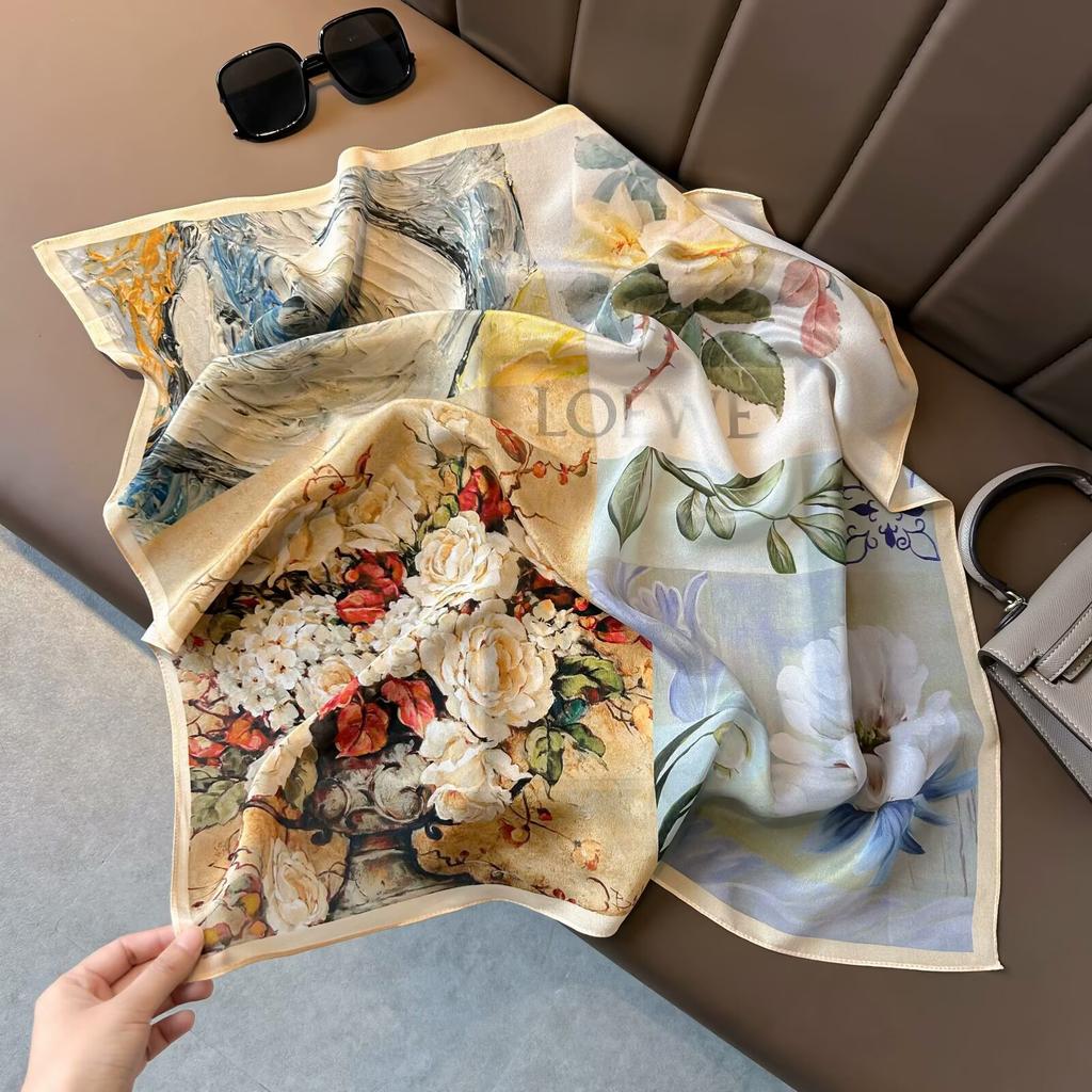 Retro Old Money Wind Silk Double Crepe Silk Scarf Women's Spring and Summer Senior Sense Versatile 100% Mulberry Silk Square Scarf Thin Scarf